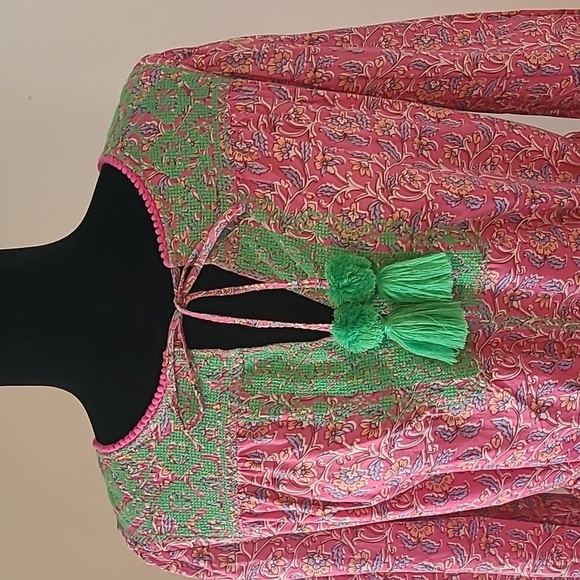 J crew pink vines tunic midi dress long needlepoint embroidery and tassel M - Picture 7 of 11